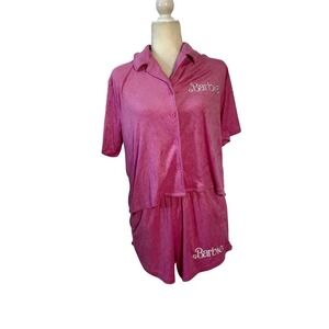 Barbie Terry Cloth Pajama Set Shorts Top Embroidered Logo Size L NWT